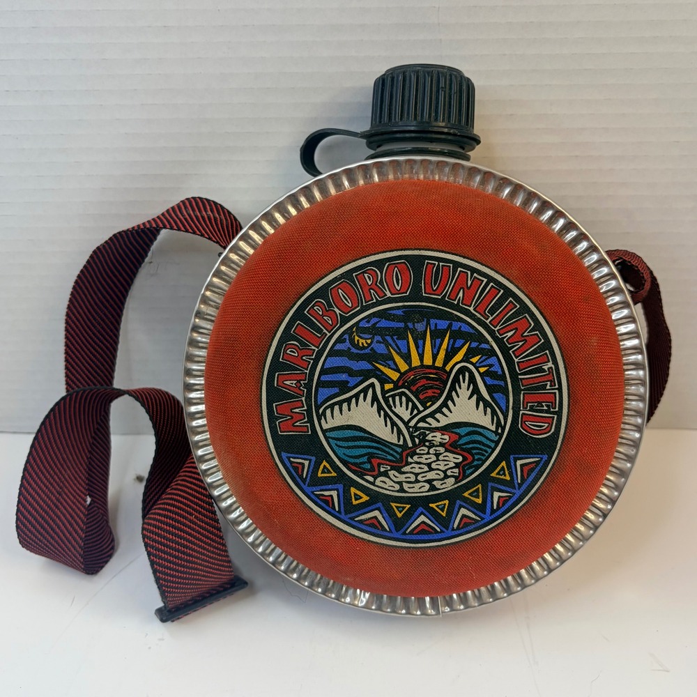 Vintage Marlboro Unlimited Coleman Canteen Red Metal Round Water Bottle Strap